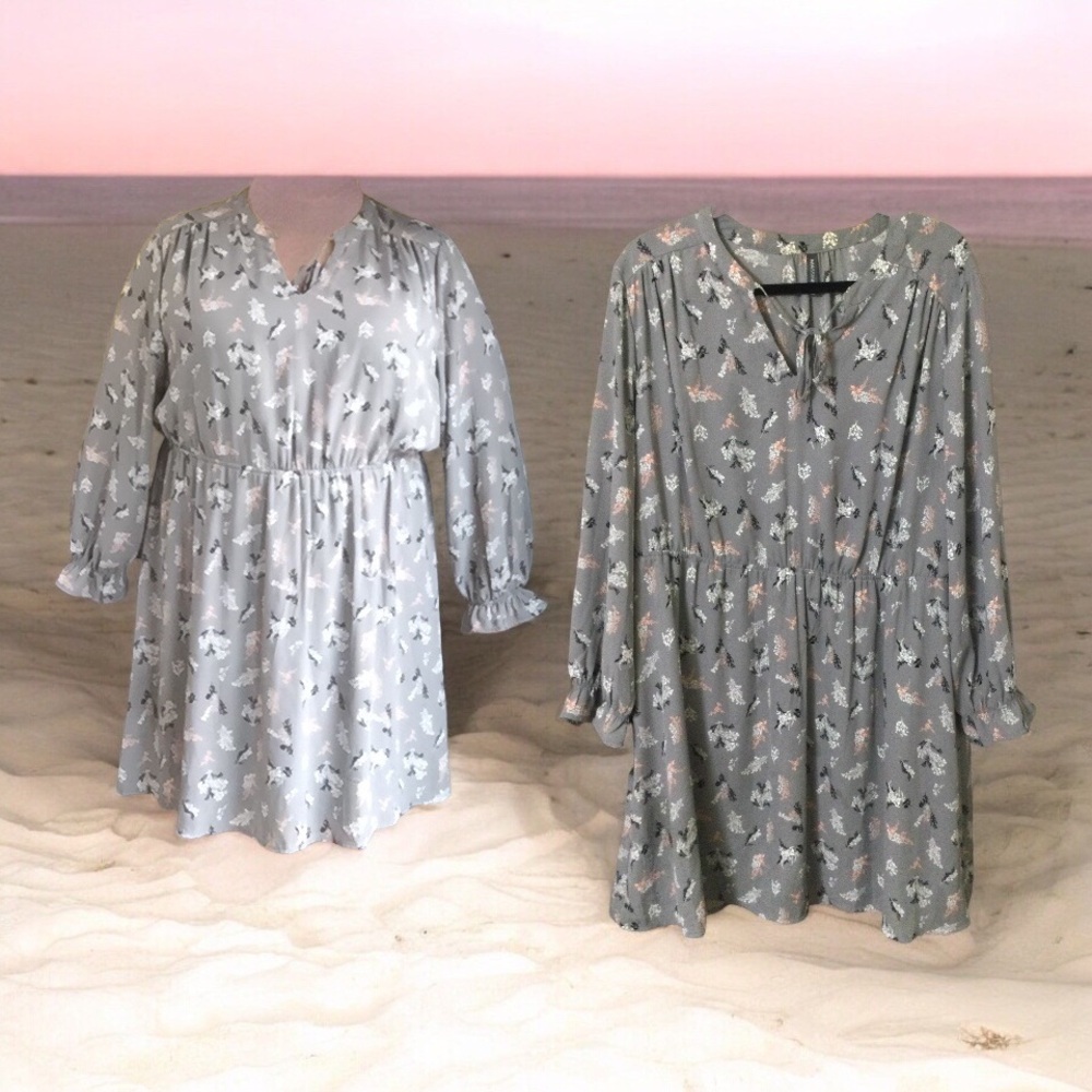 Massini 2X Pink and Gray Mini Dress with V-Neck and Bishop Sleeves
